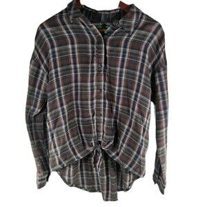 dip Women's Small Goblincore Plaid Button Down Earthy Forestcore Tie Front Top